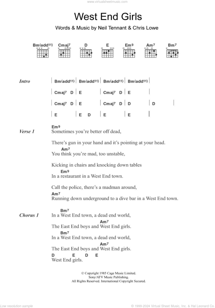 West End Girls sheet music for guitar (chords) by Pet Shop Boys, Chris Lowe and Neil Tennant, intermediate skill level