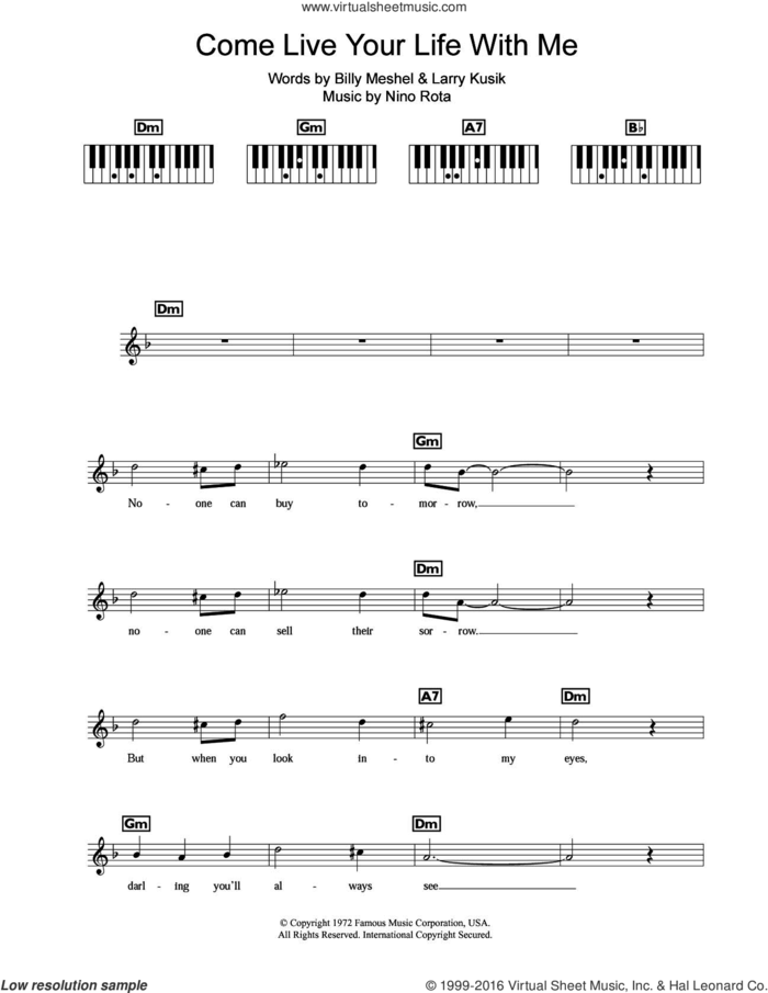 Come Live Your Life With Me sheet music for piano solo (chords, lyrics, melody) by Peter Cincotti, Billy Meshel, Larry Kusik and Nino Rota, intermediate piano (chords, lyrics, melody)
