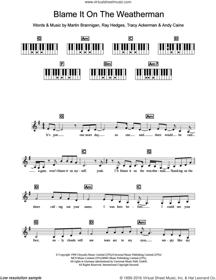 Blame It On The Weatherman sheet music for piano solo (chords, lyrics, melody) by BWitched, Andy Caine, Martin Brannigan, Ray Hedges and Tracy Ackerman, intermediate piano (chords, lyrics, melody)