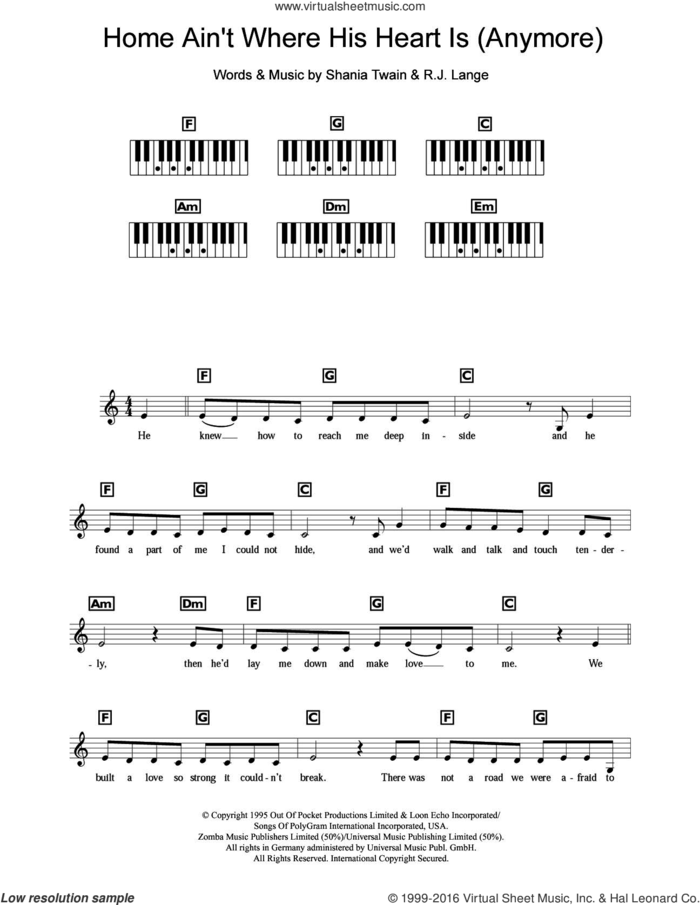 Home Ain't Where His Heart Is (Anymore) sheet music for piano solo (chords, lyrics, melody) by Shania Twain and Robert John Lange, intermediate piano (chords, lyrics, melody)