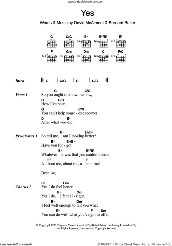 Yes sheet music for guitar (chords) by McAlmont & Butler, Bernard Butler and David McAlmont, intermediate skill level