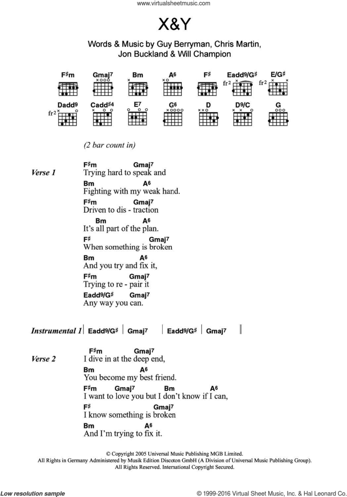 X and Y sheet music for guitar (chords) by Coldplay, Chris Martin, Guy Berryman, Jonny Buckland and Will Champion, intermediate skill level