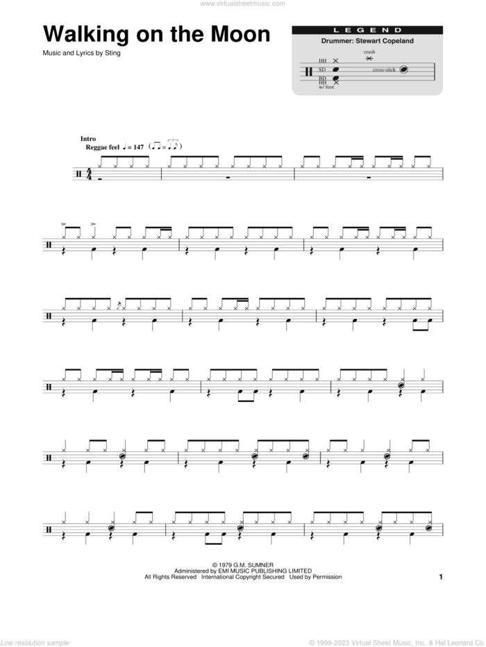 Walking On The Moon sheet music for drums by The Police and Sting, intermediate skill level