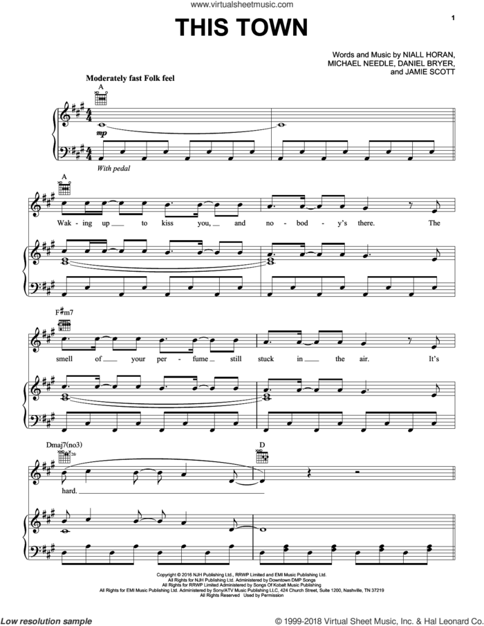 This Town sheet music for voice, piano or guitar by Niall Horan, Daniel Bryer, Jamie Scott and Mike Needle, intermediate skill level