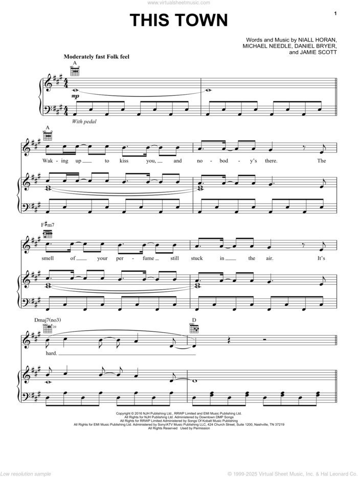 This Town sheet music for voice, piano or guitar by Niall Horan, Daniel Bryer, Jamie Scott and Mike Needle, intermediate skill level