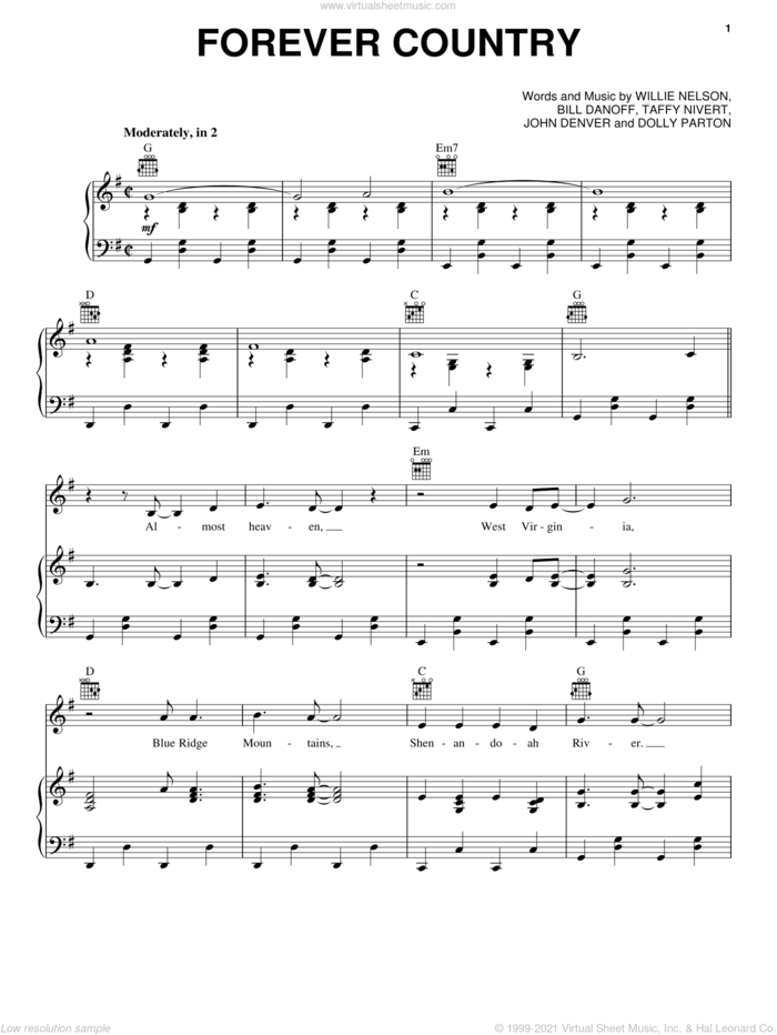 Forever Country sheet music for voice, piano or guitar by Artists of Then, Now & Forever, Bill Danoff, Dolly Parton, John Denver, Taffy Nivert and Willie Nelson, intermediate skill level