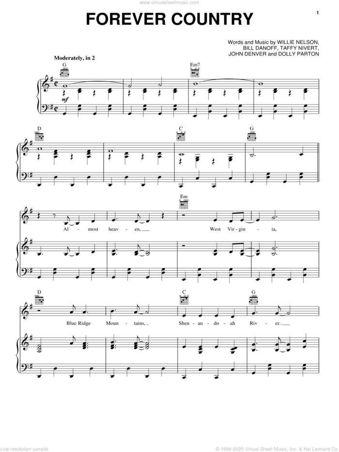 Forever Country sheet music for voice, piano or guitar by Artists of Then, Now & Forever, Bill Danoff, Dolly Parton, John Denver, Taffy Nivert and Willie Nelson, intermediate skill level