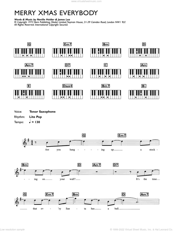 Merry Xmas Everybody sheet music for piano solo (chords, lyrics, melody) by Mud, S Club 7, Slade, James Lea and Neville Holder, intermediate piano (chords, lyrics, melody)