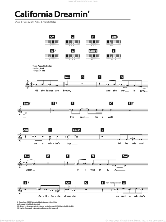 California Dreamin' sheet music for piano solo (chords, lyrics, melody) by The Mamas & The Papas, John Phillips and Michelle Phillips, intermediate piano (chords, lyrics, melody)