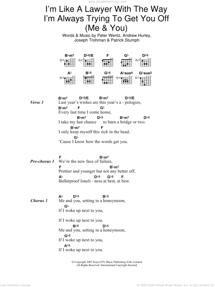 I'm Like A Lawyer With The Way I'm Always Trying To Get You Off (Me and You) sheet music for guitar (chords) by Fall Out Boy, Andrew Hurley, Joseph Trohman, Patrick Stumph and Peter Wentz, intermediate skill level