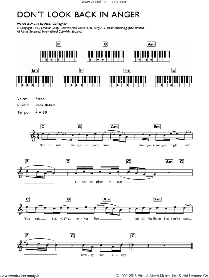 Don't Look Back In Anger sheet music for piano solo (chords, lyrics, melody) by Oasis and Noel Gallagher, intermediate piano (chords, lyrics, melody)