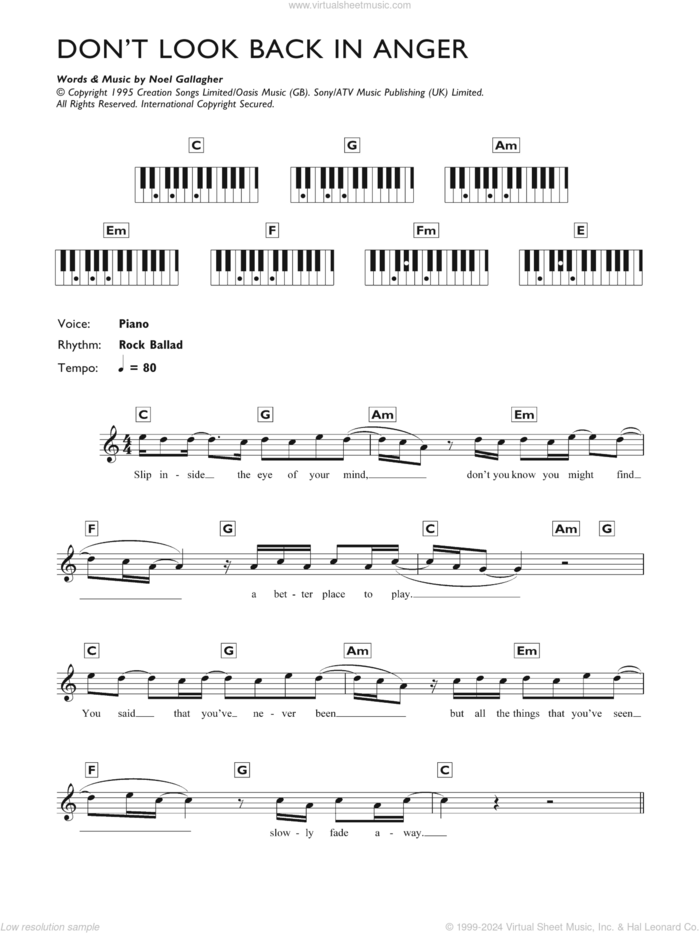 Don't Look Back In Anger sheet music for piano solo (chords, lyrics, melody) by Oasis and Noel Gallagher, intermediate piano (chords, lyrics, melody)