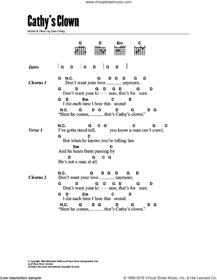 Cathy's Clown sheet music for guitar (chords) by The Everly Brothers and Don Everly, intermediate skill level