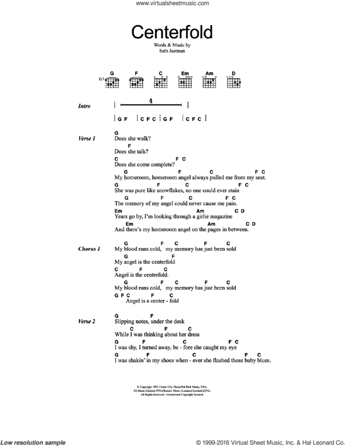 Centerfold sheet music for guitar (chords) by The J. Geils Band and Seth Justman, intermediate skill level