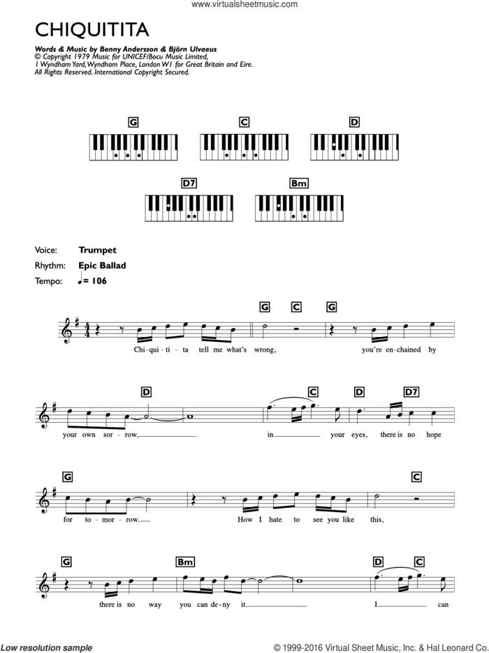 Chiquitita sheet music for piano solo (chords, lyrics, melody) by ABBA, Benny Andersson and Bjorn Ulvaeus, intermediate piano (chords, lyrics, melody)