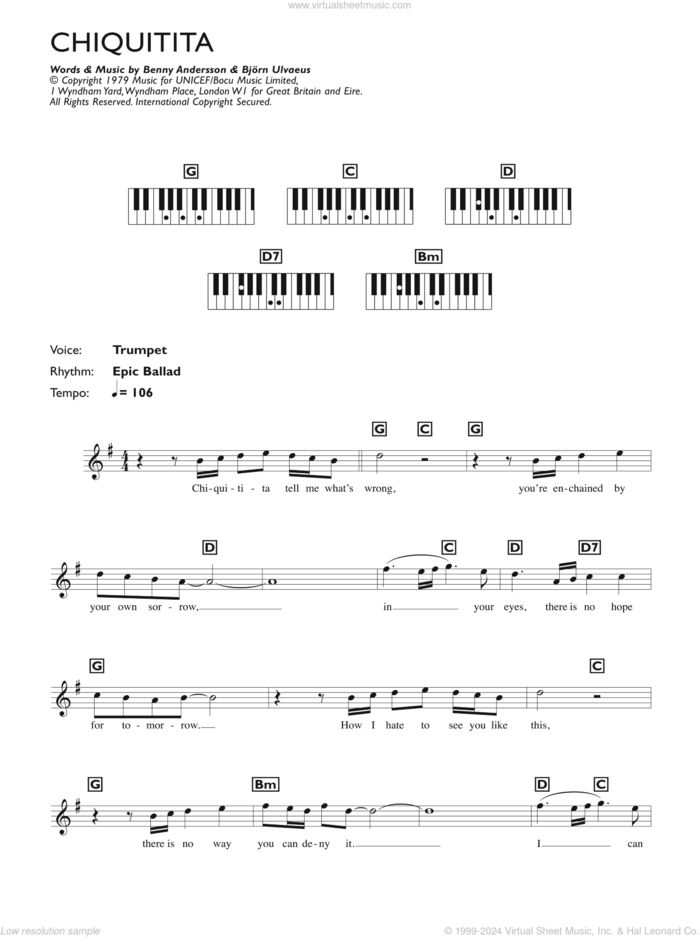 Chiquitita sheet music for piano solo (chords, lyrics, melody) by ABBA, Benny Andersson and Bjorn Ulvaeus, intermediate piano (chords, lyrics, melody)