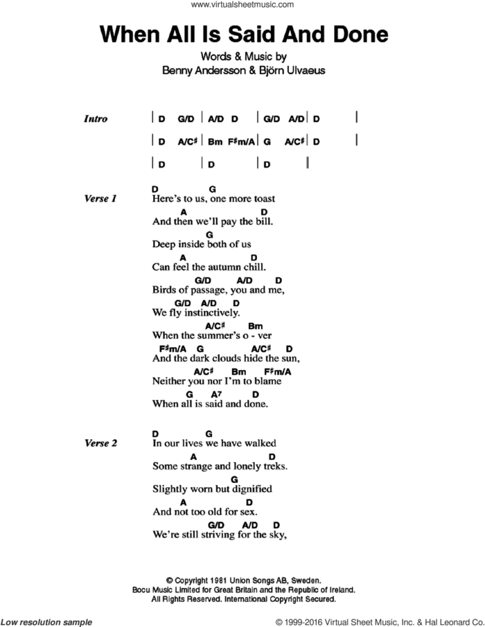 When All Is Said And Done sheet music for guitar (chords) by ABBA, Benny Andersson and Bjorn Ulvaeus, intermediate skill level