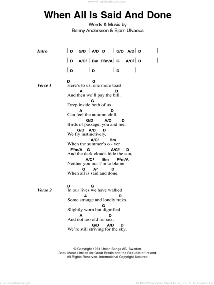 When All Is Said And Done sheet music for guitar (chords) by ABBA, Benny Andersson and Bjorn Ulvaeus, intermediate skill level