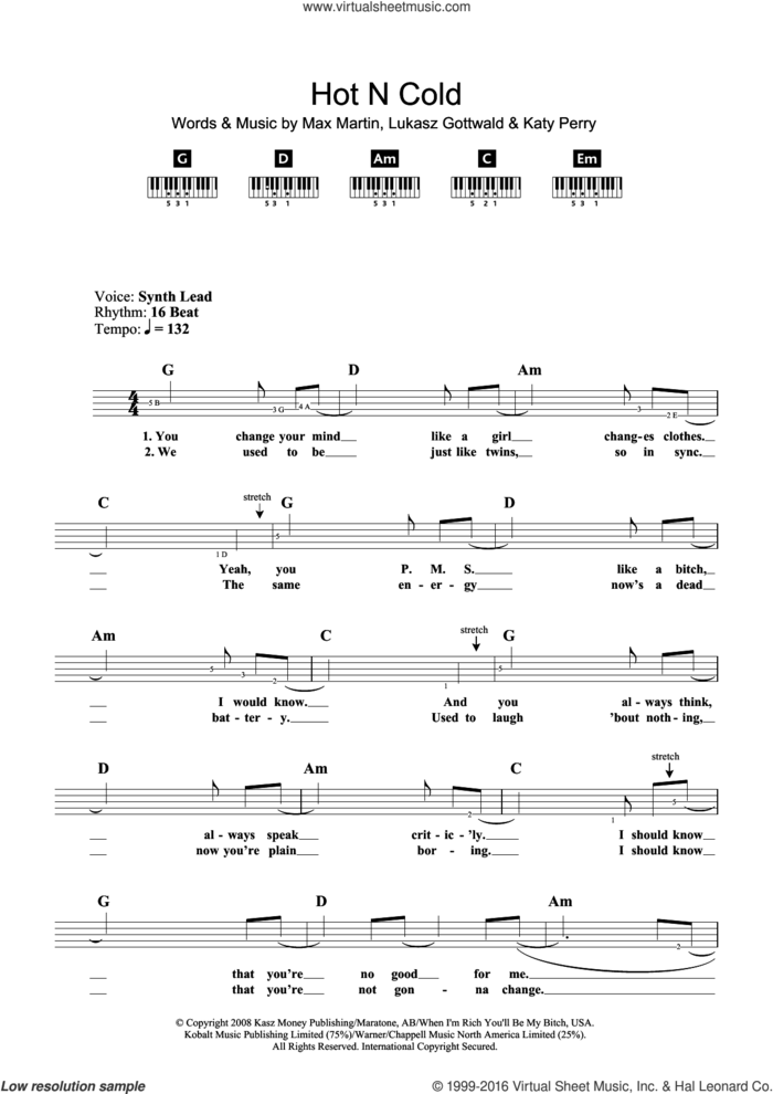 Hot N Cold sheet music for piano solo (chords, lyrics, melody) by Katy Perry, Lukasz Gottwald and Max Martin, intermediate piano (chords, lyrics, melody)