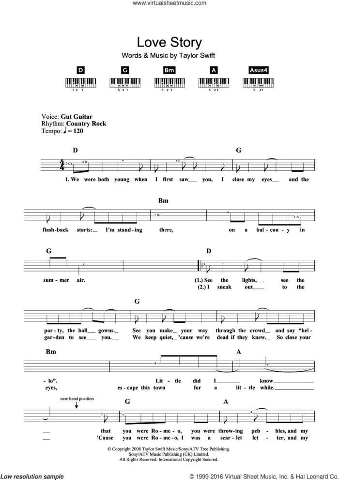 Love Story sheet music for piano solo (chords, lyrics, melody) by Taylor Swift, intermediate piano (chords, lyrics, melody)