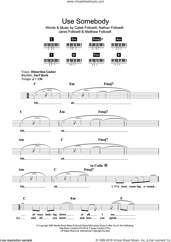 Use Somebody, (intermediate) sheet music for piano solo (chords, lyrics, melody) by Kings Of Leon, Caleb Followill, Jared Followill, Matthew Followill and Nathan Followill, intermediate piano (chords, lyrics, melody)