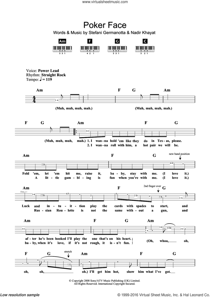 Poker Face sheet music for piano solo (chords, lyrics, melody) by Lady Gaga and Nadir Khayat, intermediate piano (chords, lyrics, melody)