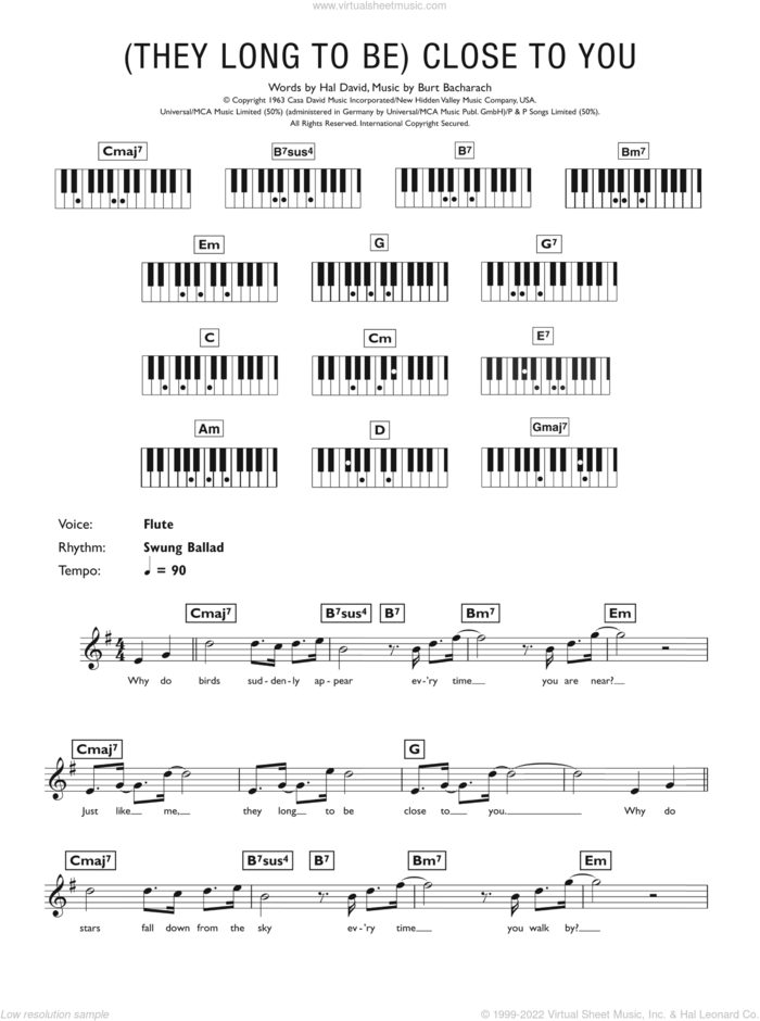 Close To You (They Long To Be) sheet music for piano solo (chords, lyrics, melody) by Carpenters, Burt Bacharach and Hal David, intermediate piano (chords, lyrics, melody)