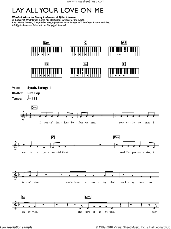 Lay All Your Love On Me sheet music for piano solo (chords, lyrics, melody) by ABBA, Benny Andersson and Bjorn Ulvaeus, intermediate piano (chords, lyrics, melody)