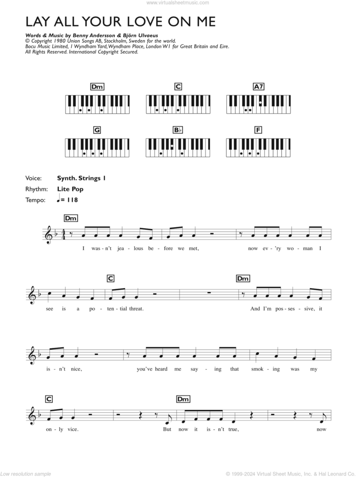 Lay All Your Love On Me sheet music for piano solo (chords, lyrics, melody) by ABBA, Benny Andersson and Bjorn Ulvaeus, intermediate piano (chords, lyrics, melody)