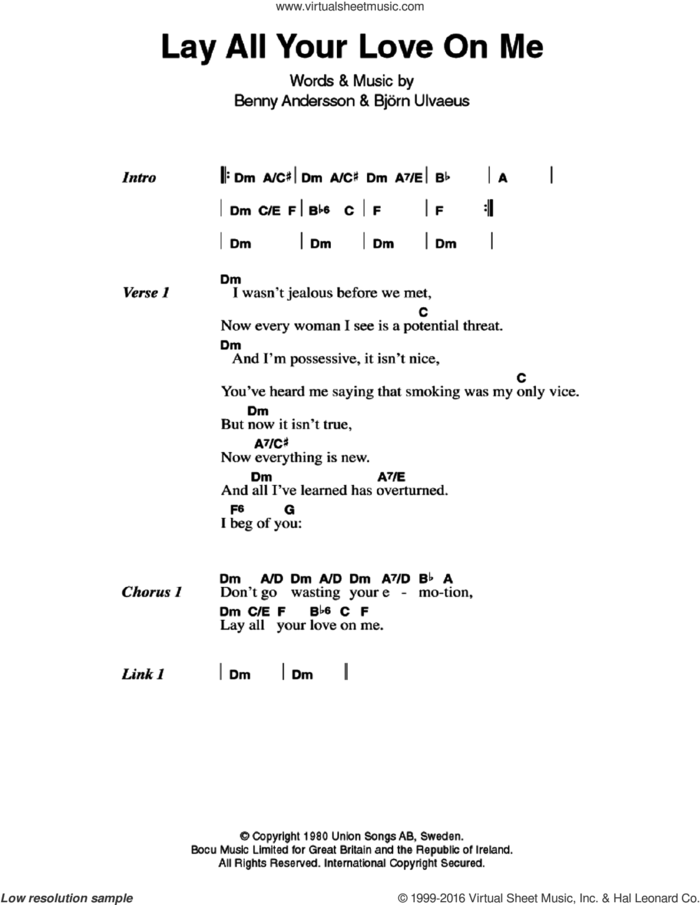 Lay All Your Love On Me sheet music for guitar (chords) by ABBA, Benny Andersson and Bjorn Ulvaeus, intermediate skill level