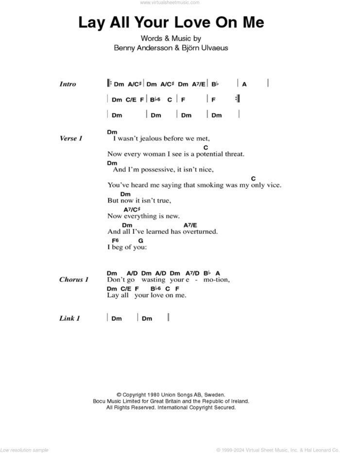 Lay All Your Love On Me sheet music for guitar (chords) by ABBA, Benny Andersson and Bjorn Ulvaeus, intermediate skill level