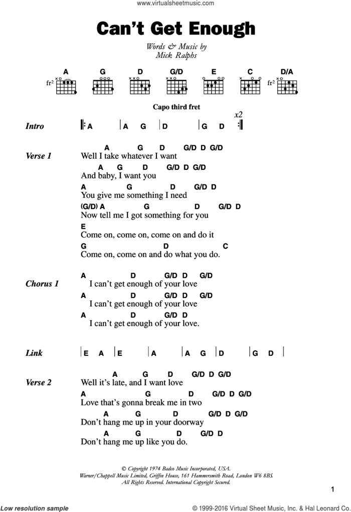 Can't Get Enough sheet music for guitar (chords) by Bad Company and Mick Ralphs, intermediate skill level