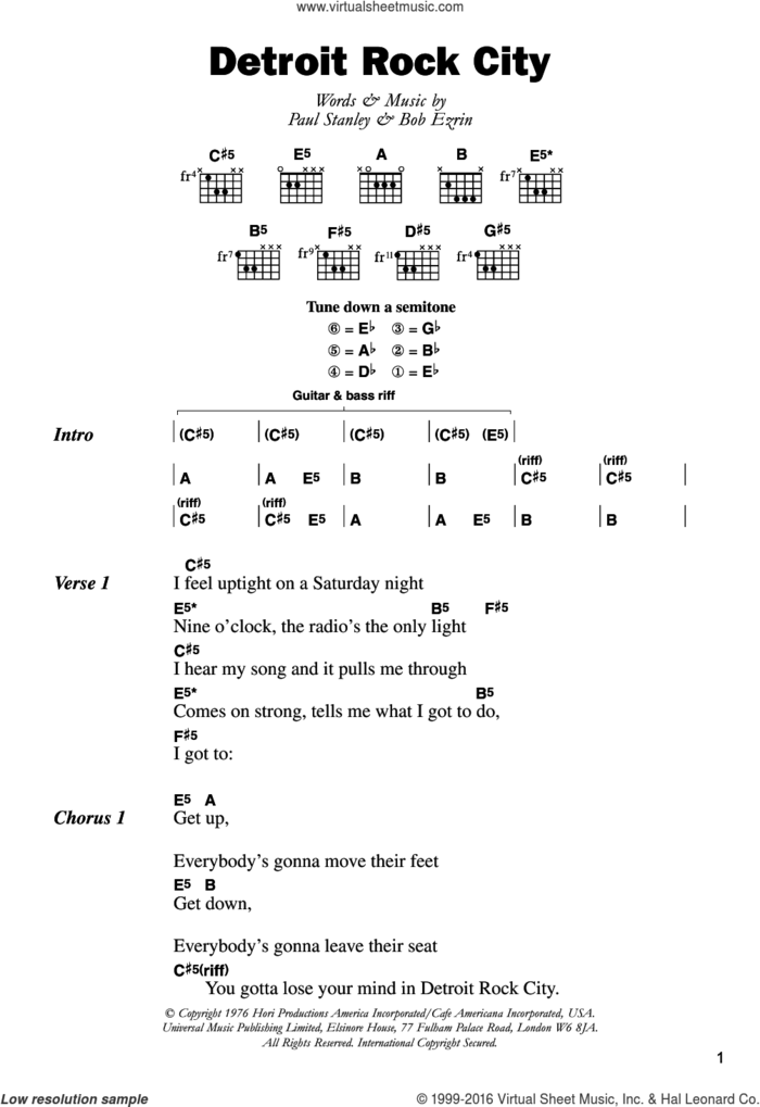 Detroit Rock City sheet music for guitar (chords) by KISS, Bob Ezrin and Paul Stanley, intermediate skill level