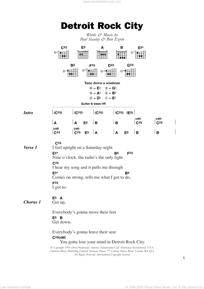 Detroit Rock City sheet music for guitar (chords) by KISS, Bob Ezrin and Paul Stanley, intermediate skill level