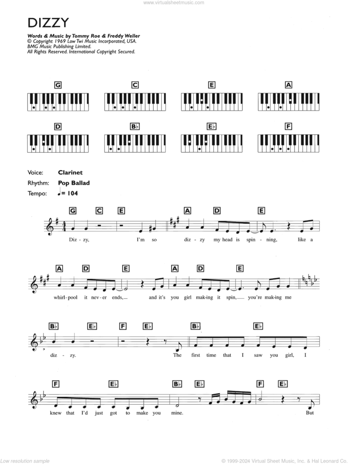 Dizzy sheet music for piano solo (chords, lyrics, melody) by Tommy Roe, Vic Reeves and Freddy Weller, intermediate piano (chords, lyrics, melody)