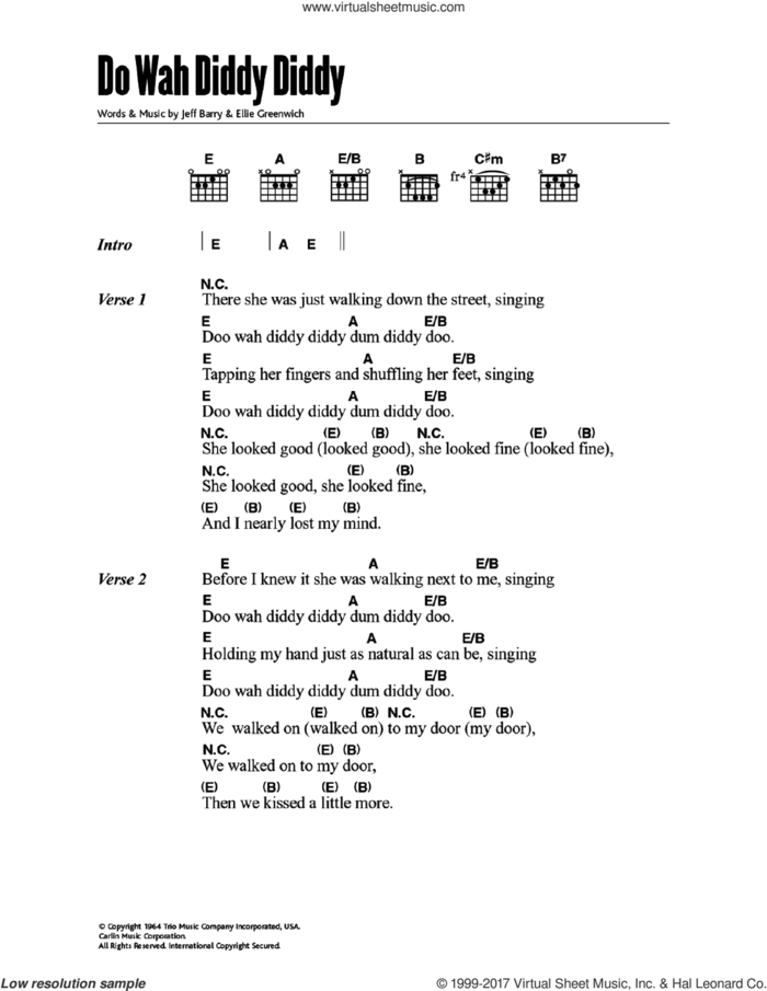 Do Wah Diddy Diddy sheet music for guitar (chords) by Manfred Mann, Ellie Greenwich and Jeff Barry, intermediate skill level