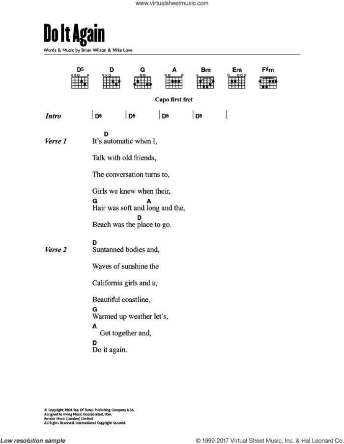 Do It Again sheet music for guitar (chords) by The Beach Boys, Brian Wilson and Mike Love, intermediate skill level