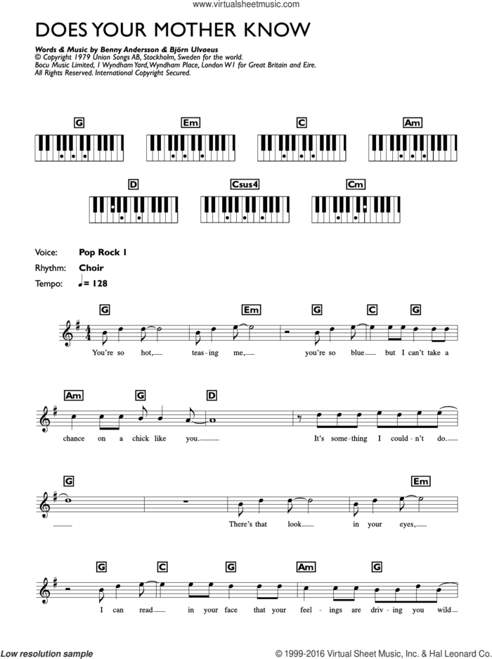 Does Your Mother Know sheet music for piano solo (chords, lyrics, melody) by ABBA, Benny Andersson and Bjorn Ulvaeus, intermediate piano (chords, lyrics, melody)