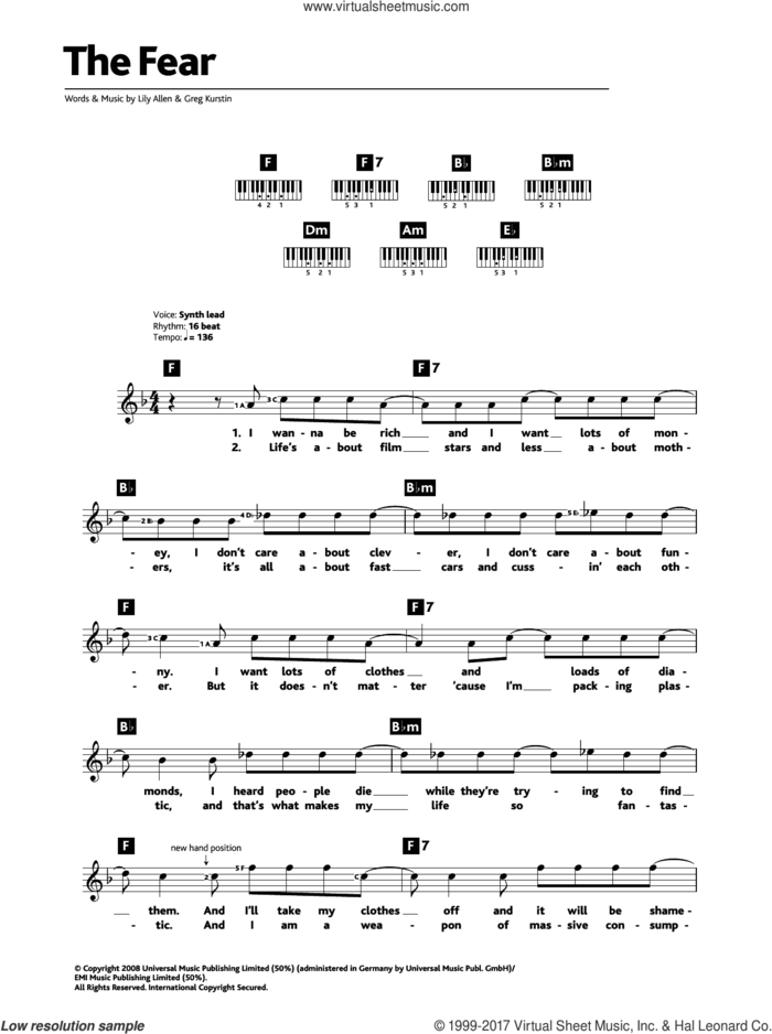 The Fear sheet music for piano solo (chords, lyrics, melody) by Lily Allen and Greg Kurstin, intermediate piano (chords, lyrics, melody)