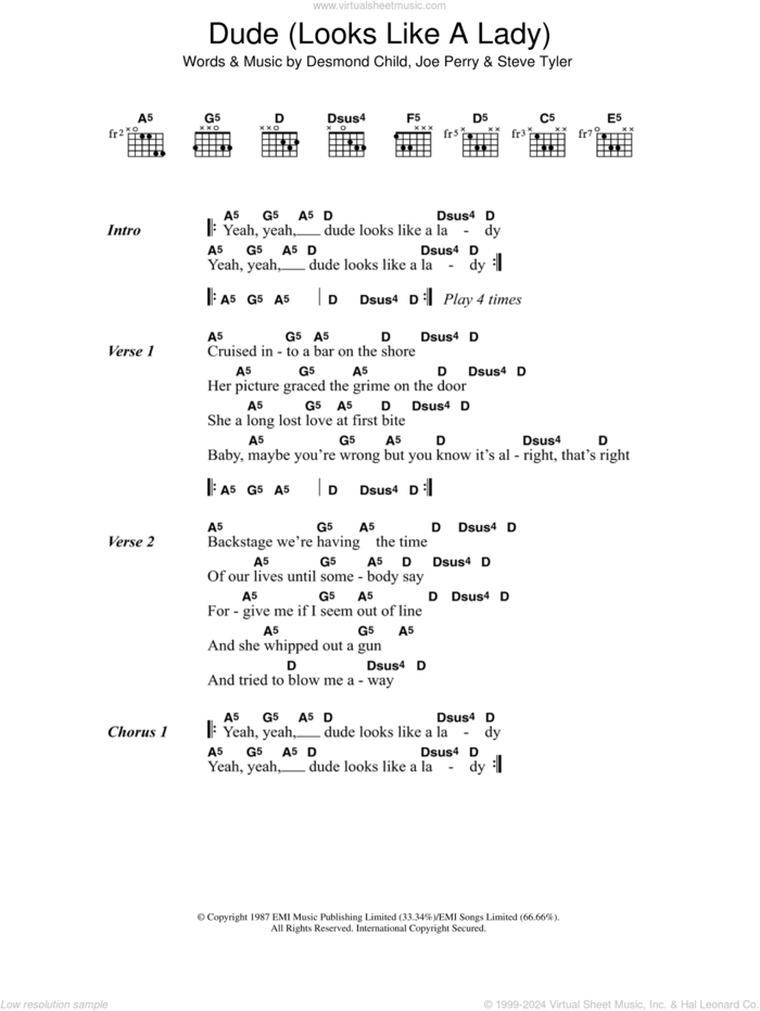 Dude (Looks Like A Lady) sheet music for guitar (chords) by Aerosmith, Desmond Child, Joe Perry and Steven Tyler, intermediate skill level