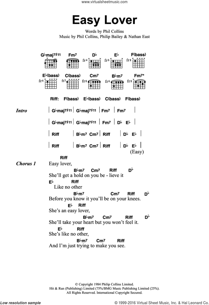 Easy Lover sheet music for guitar (chords) by Phil Collins, Nathan East and Philip Bailey, intermediate skill level