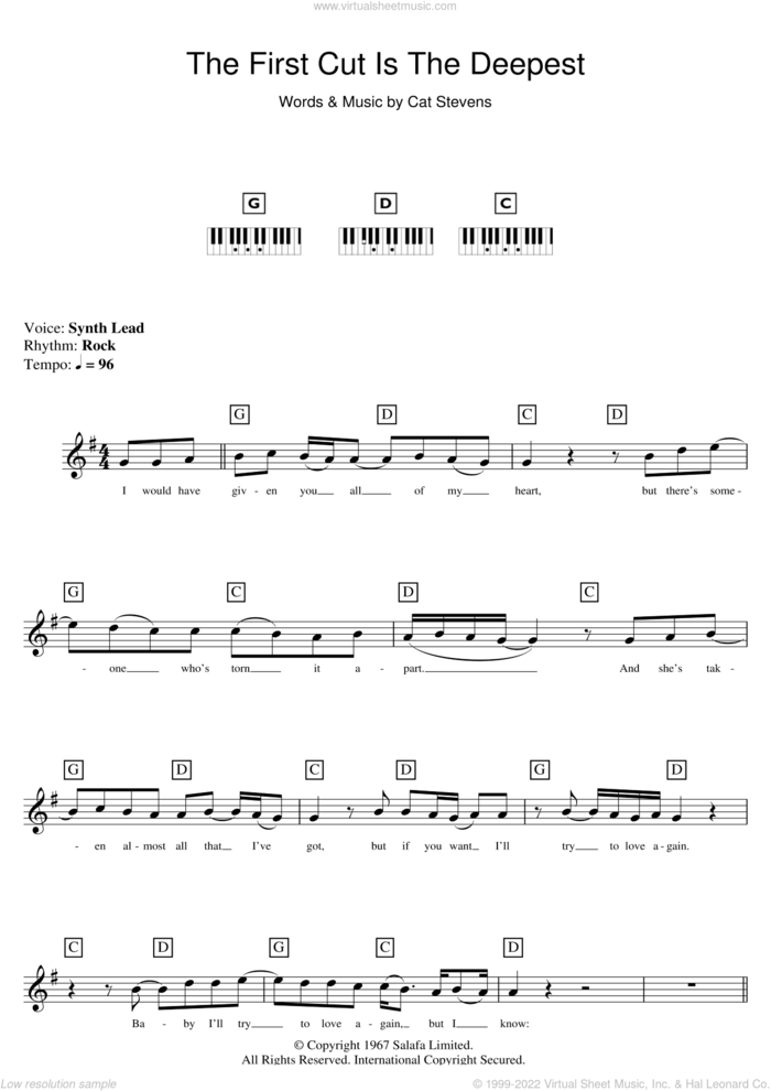 The First Cut Is The Deepest sheet music for piano solo (chords, lyrics, melody) by Cat Stevens, intermediate piano (chords, lyrics, melody)