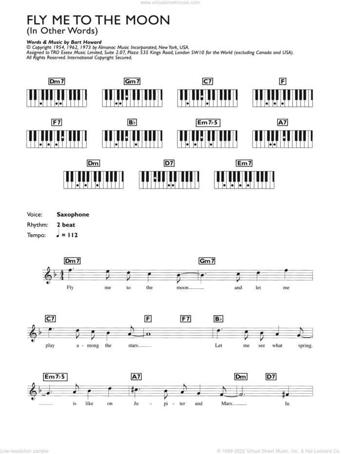 Fly Me To The Moon (In Other Words) sheet music for piano solo (chords, lyrics, melody) by Julie London and Bart Howard, wedding score, intermediate piano (chords, lyrics, melody)