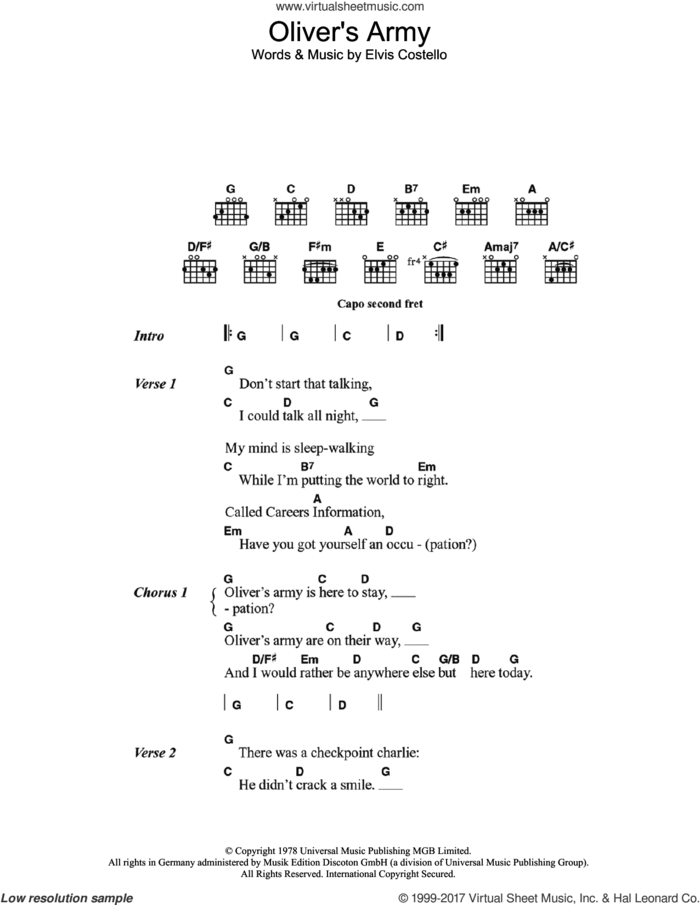 Oliver's Army sheet music for guitar (chords) by Elvis Costello, intermediate skill level