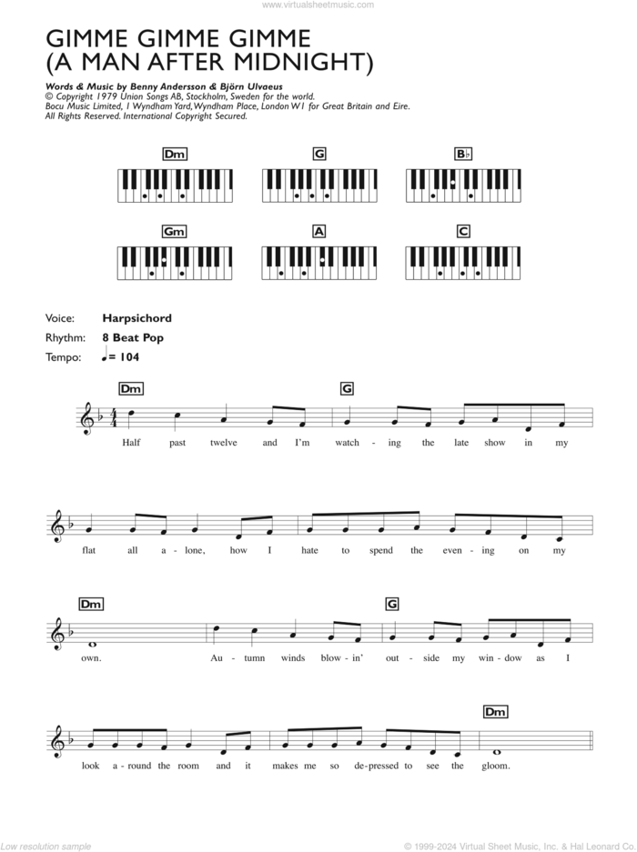 Gimme! Gimme! Gimme! (A Man After Midnight) sheet music for piano solo (chords, lyrics, melody) by ABBA, Benny Andersson and Bjorn Ulvaeus, intermediate piano (chords, lyrics, melody)