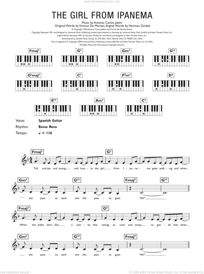 The Girl From Ipanema (feat. Astrud Gilberto) sheet music for piano solo (chords, lyrics, melody) by Stan Getz & João Gilberto, Antonio Carlos Jobim, Norman Gimbel and Vinicius de Moraes, intermediate piano (chords, lyrics, melody)