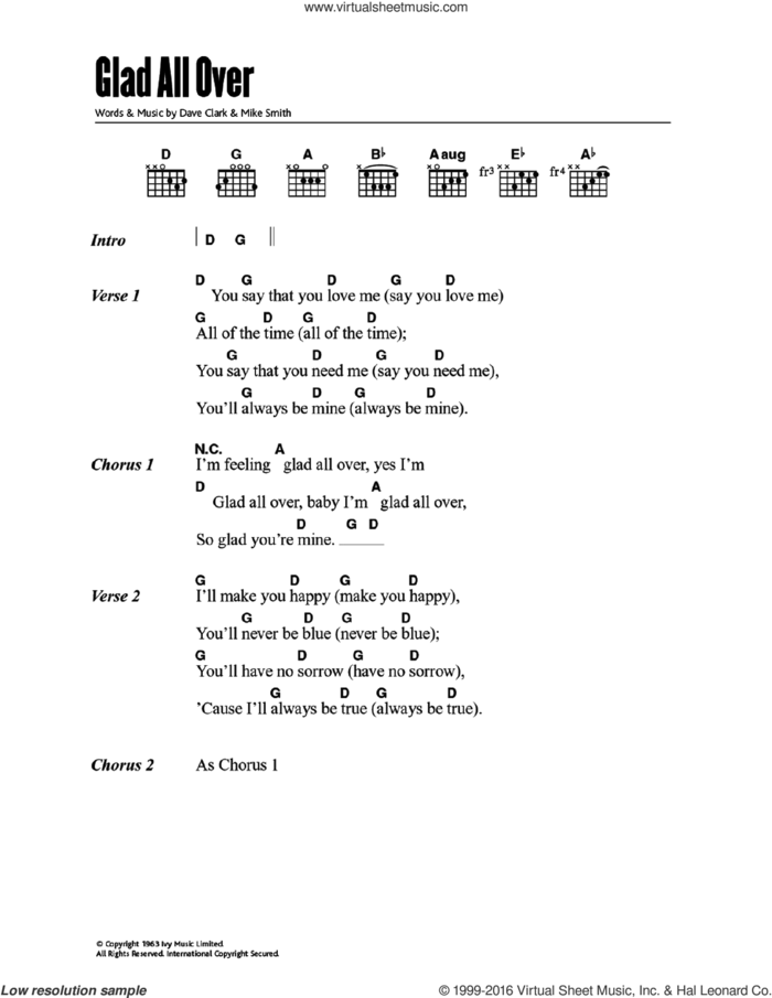 Glad All Over sheet music for guitar (chords) by The Dave Clark Five, Dave Clark and Michael W. Smith, intermediate skill level
