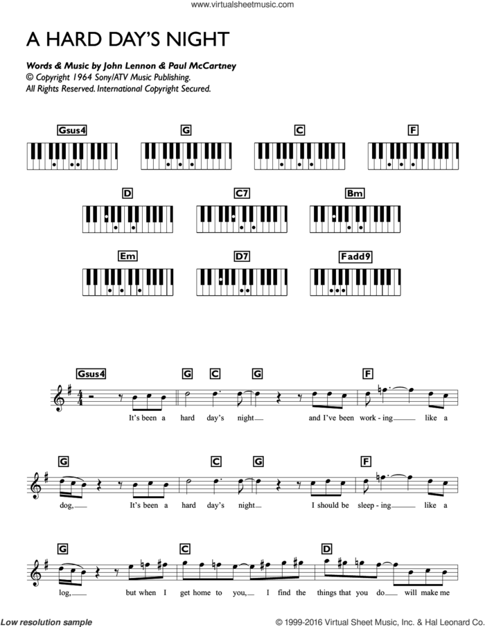 A Hard Day's Night sheet music for piano solo (chords, lyrics, melody) by The Beatles, John Lennon and Paul McCartney, intermediate piano (chords, lyrics, melody)