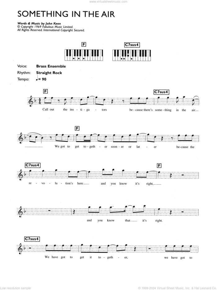 Something In The Air sheet music for piano solo (chords, lyrics, melody) by Thunderclap Newman and John Keen, intermediate piano (chords, lyrics, melody)