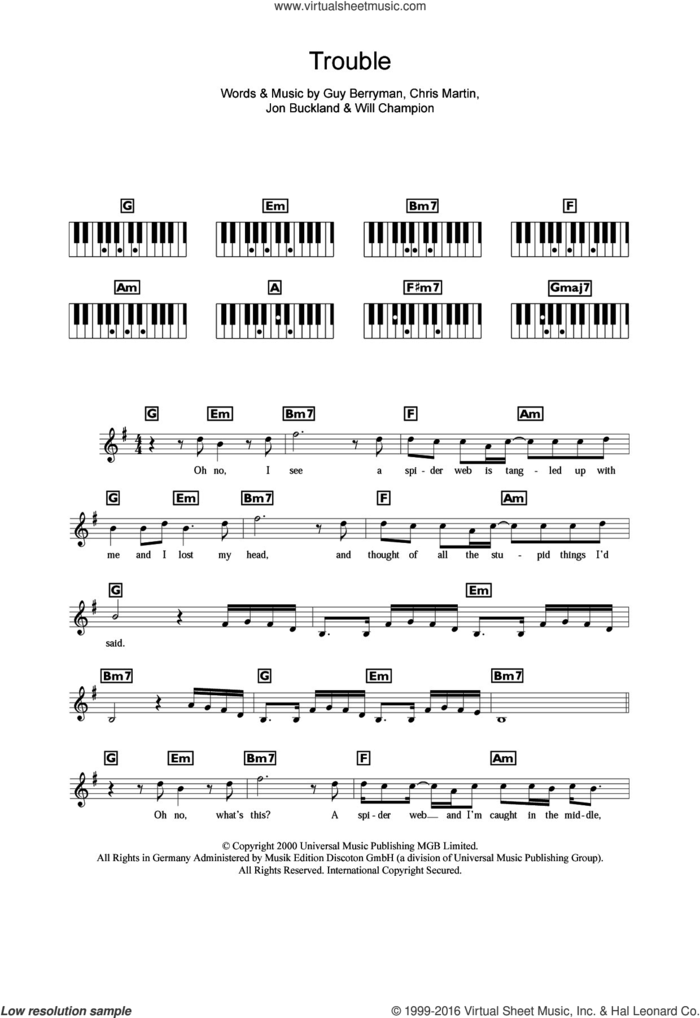Trouble sheet music for piano solo (chords, lyrics, melody) by Coldplay, Chris Martin, Guy Berryman, Jonny Buckland and Will Champion, intermediate piano (chords, lyrics, melody)